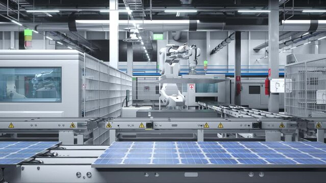 Solar panel factory with robotic arms placing PV modules on automation lines, 3D rendering of industrial building interior. Mass production facility producing solar cells for green energy industry