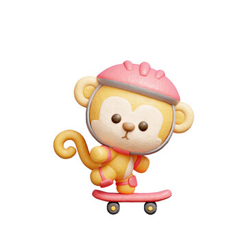 3D cute monkey playing skateboard, cartoon animal character, 3d rendering.