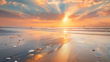 Zelfklevend Fotobehang The sun kisses the ocean goodbye, casting a golden blanket over the beach © Veniamin Kraskov