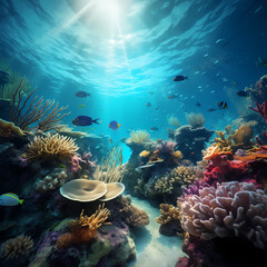 Naklejka na ściany i meble Underwater coral reef with diverse marine life. 
