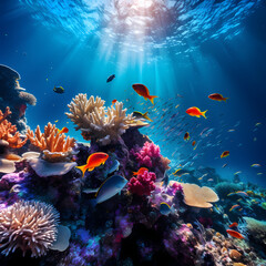 Underwater coral reef with diverse marine life. 