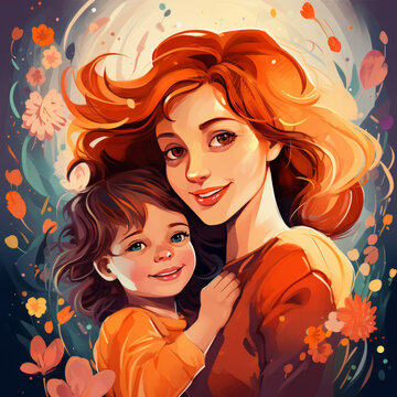 Colorful painting of Mother and daugther loving connection. Mother's Day celebration. Motherhood concept.
