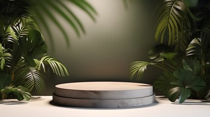Fototapeta na wymiar Cosmetics product advertising podium stand with tropical palm leaves background. Empty natural stone pedestal platform to display beauty product. Mockup