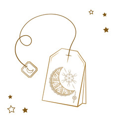 Line art vintage style crescent moon tea bag illustration. Magic calming tea for a good sleep and relaxation.