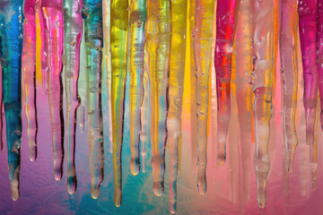 Vivid ice stalactites captured in a row, a spectacle of frozen colors