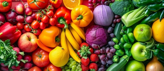 Fototapeta na wymiar Vibrant Multicolored Fresh Fruits and Vegetables: A Burst of Colorful Nutrients from Multicolored, Fresh Fruits, and Vegetables