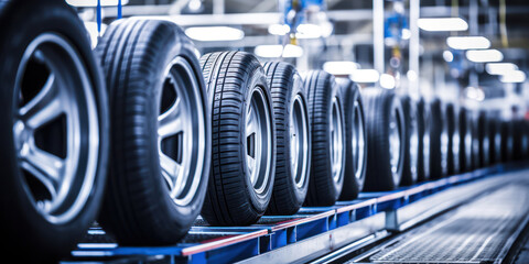 Stack of Black Rubber Tyres in Industrial Garage with Professional Auto Repair Equipment on a Speedy Background