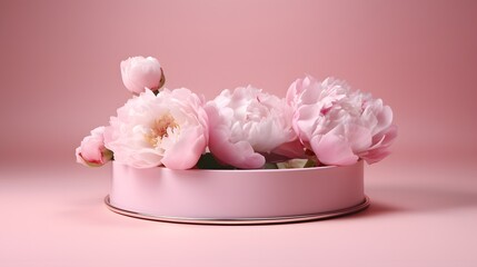 Creative composition for product advertising. Empty round podium platform stand for beauty product presentation and beautiful peonies flowers around on pink background. Front view