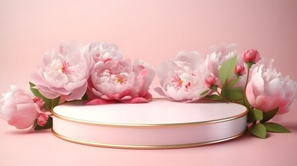 Fototapeta na wymiar Creative composition for product advertising. Empty round podium platform stand for beauty product presentation and beautiful peonies flowers around on pink background. Front view