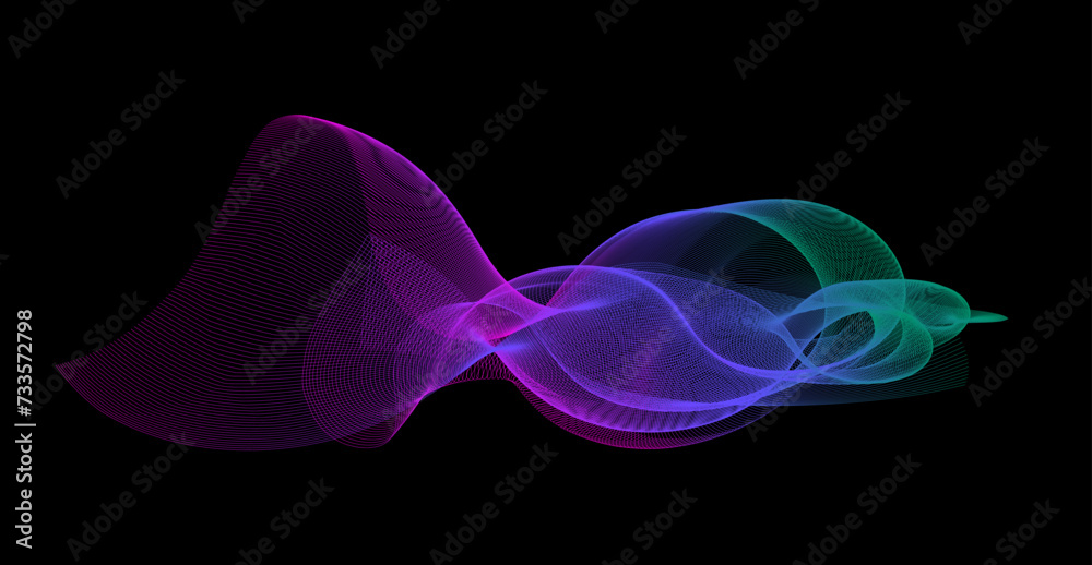 Poster Gradient wave line blend form. Abstract purple blue green flowing lines design element. Dynamic neon line smoky shape. Sound waves or ai illustration concept. Vector curved pattern background