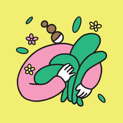 Cartoon cute girl with flowers vector hand draw illustration