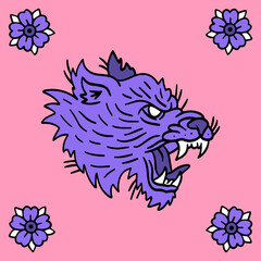 American tattoo hand-draw wild cat illustration