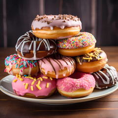 Naklejka na ściany i meble A stack of colorful donuts on a plate.