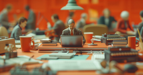 A group of miniature business people working in office - obrazy, fototapety, plakaty