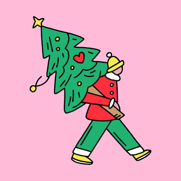 Cartoon boy with christmas tree handmade illustration