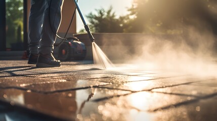 Deep cleaning under high pressure. Workers cleaning driveway with pressure washer, professional cleaning service