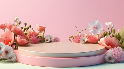 Empty round platform podium for cosmetic products advertising surrounded surreal fantasy spring summer flowers in pastel colors.