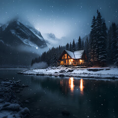 A calm and isolated cabin in the snow. 
