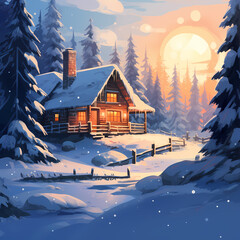 A cozy winter scene with a snow-covered cabin.