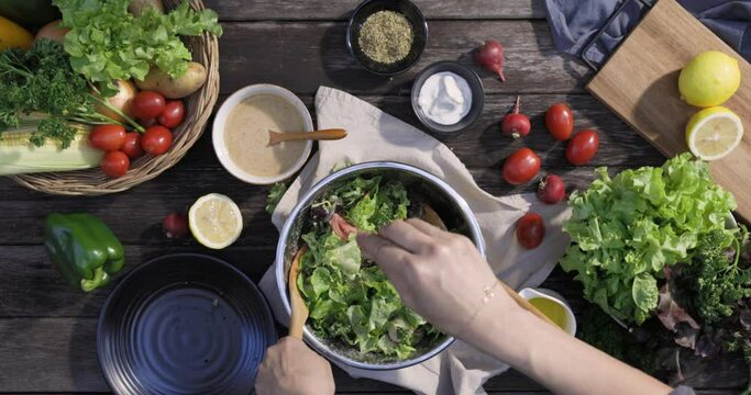 A woman cooking a variety of fresh salad vegetables, tomatoes, bell pepper, potato, fruits and dipping sauces, showcasing her hands preparation of a healthy salad, Delicious Vegetarian Dinner