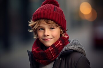 A portrait of a cute little boy wearing a red hat and scarf.