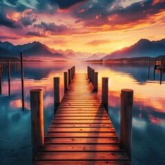 Obraz premium extending into a calm lake, with mountains and the sky painted with hues of sunset in the background
