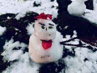 A homemade snowman at Kifune Shrine at Kyoto, Japan at winter night on the road to the red torii.