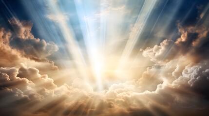 God light in heaven symbolizing divine presence, truth, spiritual illumination, God love and grace. Light beams blessing world with heavenly light
