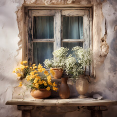 A rustic window with flowers on the sill. 