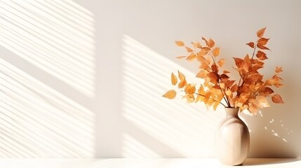 Home interior decor elements. Dry autumn leaves in vase near white wall with sunlight shadows. Empty space for product, artwork