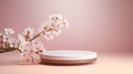 Fototapeta na wymiar Round podium platform stand for product presentation and spring flowering tree branch with white blossom flowers on pastel background. Front view