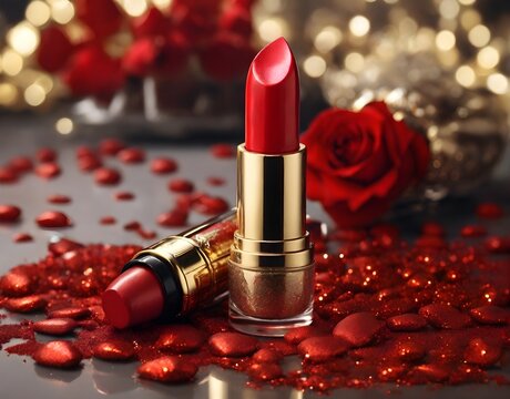 Labial o lapiz labial rojo en un atractivo escenario con brilantina roja, de fondo  elementos dorados y rosas con efecto bokeh 