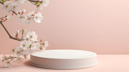 Fototapeta na wymiar Round podium platform stand for product presentation and spring flowering tree branch with white blossom flowers on pastel background. Front view