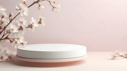 Round podium platform stand for product presentation and spring flowering tree branch with white blossom flowers on pastel background. Front view