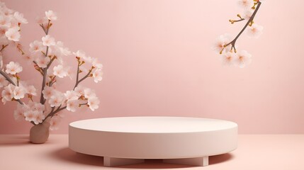 Round podium platform stand for product presentation and spring flowering tree branch with white blossom flowers on pastel background. Front view