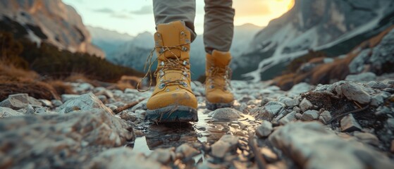 Hiker's boots mid-step in a rocky flowing river with splashing water Generative AI - obrazy, fototapety, plakaty