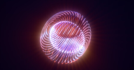 Abstract glowing looped light hi-tech energy purple round ball sphere atom clot of energy from lines and particles futuristic, abstract background