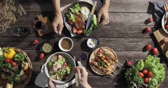 Grilled meat and chicken steak ingredients on a plate, creating a delicious and healthy cuisine meal with delicious dinner or breakfast party time with family
