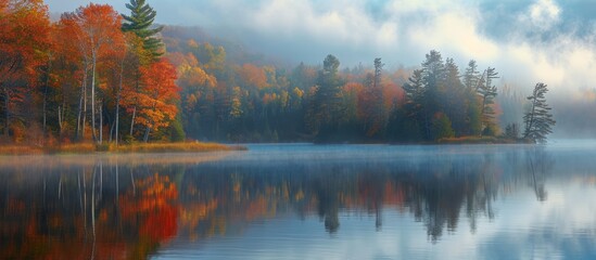 October morning with misty light reflecting on the lake.