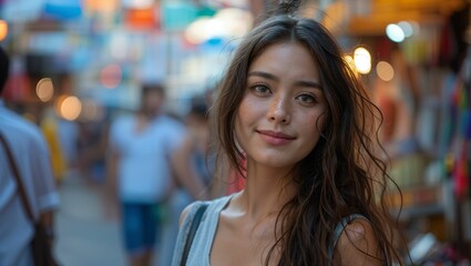 Portrait of beautiful woman on a crowded city street