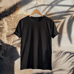 Tshirt Black MockUp Isolated displayed against a backdrop of Surroundings with a Fabric Texture stylish Shadow effect, tshirt only no model