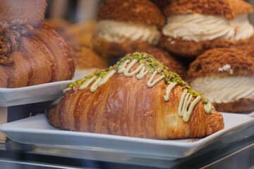 fresh baked croissant in a bakery 