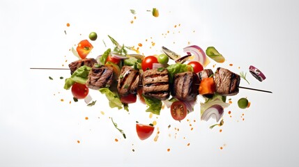 Succulent grilled steak cubes and colorful vegetables are captured in mid-air, creating a dynamic and appetizing skewer effect against 