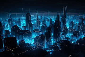 Cityscape, buildings and architecture, sci-fi concept. Abstract sci-fi futuristic neon blue city landscape background with copy space. Blue neon lines like building and skyscrapers silhouettes - obrazy, fototapety, plakaty