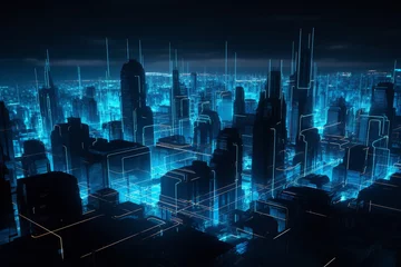 Fotobehang Cityscape, buildings and architecture, sci-fi concept. Abstract sci-fi futuristic neon blue city landscape background with copy space. Blue neon lines like building and skyscrapers silhouettes © Rytis