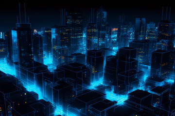 Obraz premium Cityscape, buildings and architecture, sci-fi concept. Abstract sci-fi futuristic neon blue city landscape background with copy space. Blue neon lines like building and skyscrapers silhouettes