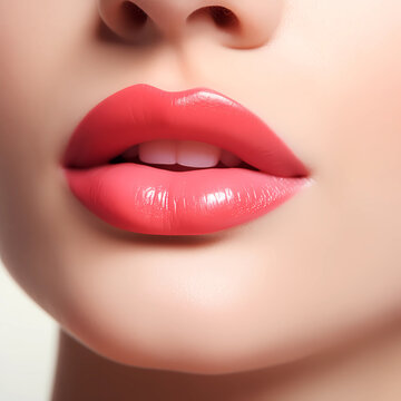Cropped close up image of a woman lips with light peach glossy lipstick. Model with perfect plump Lips. Lips makeup closeup. Beauty clinic concept
