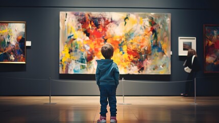 Unrecognizable child looking at modern art painting in a gallery
