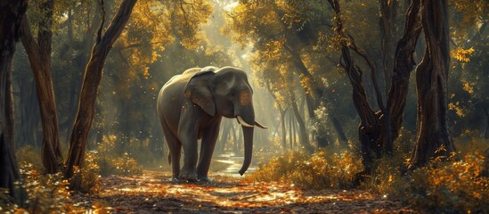 Elephant navigating fever tree forest path.
