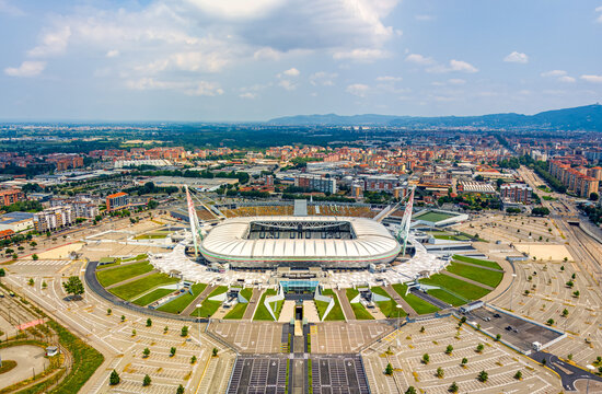 Turin, Italy - July 15, 2023: Allianz Stadium. The Juventus stadium seats 41,000, opened in 2011. Aerial view